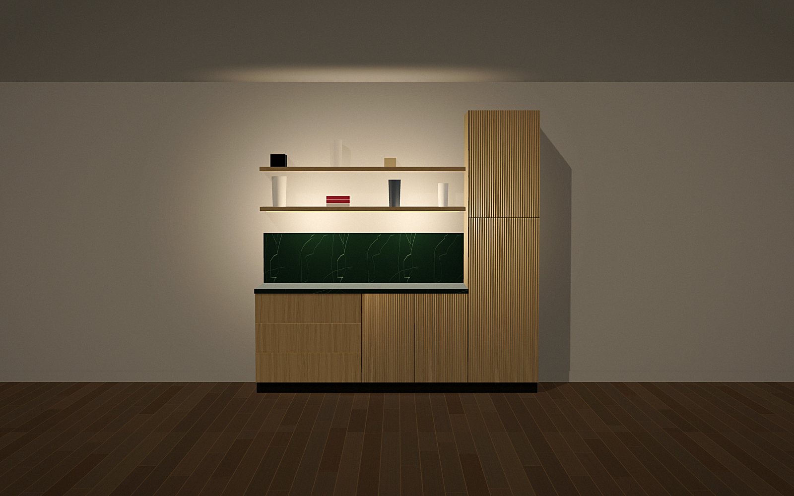 Pantry and bar wall: 3D rendering of a Kabinet Worx design