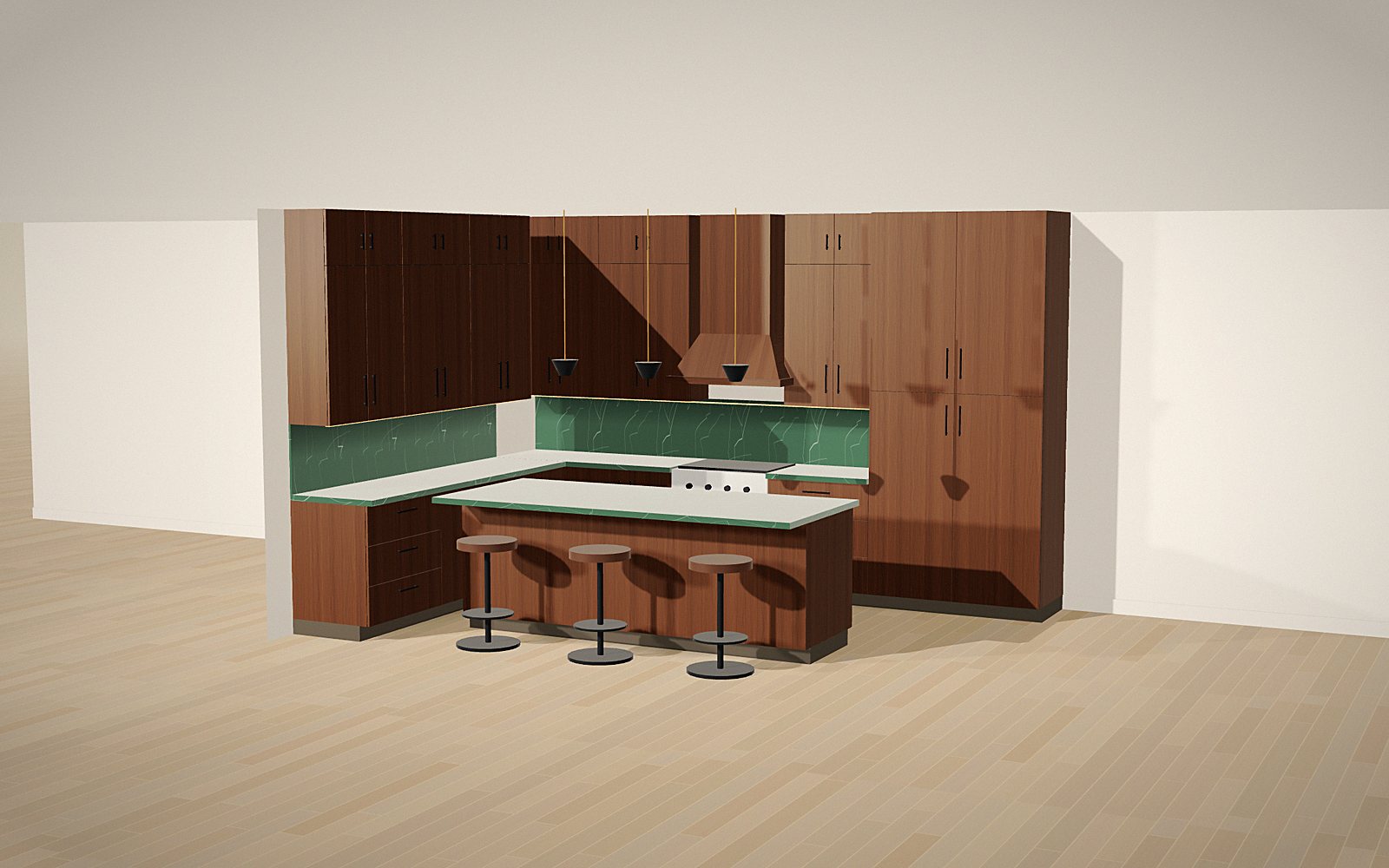 Walnut island: 3D rendering of a Kabinet Worx design