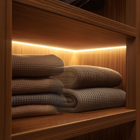 Warm LED light under a wood shelf
