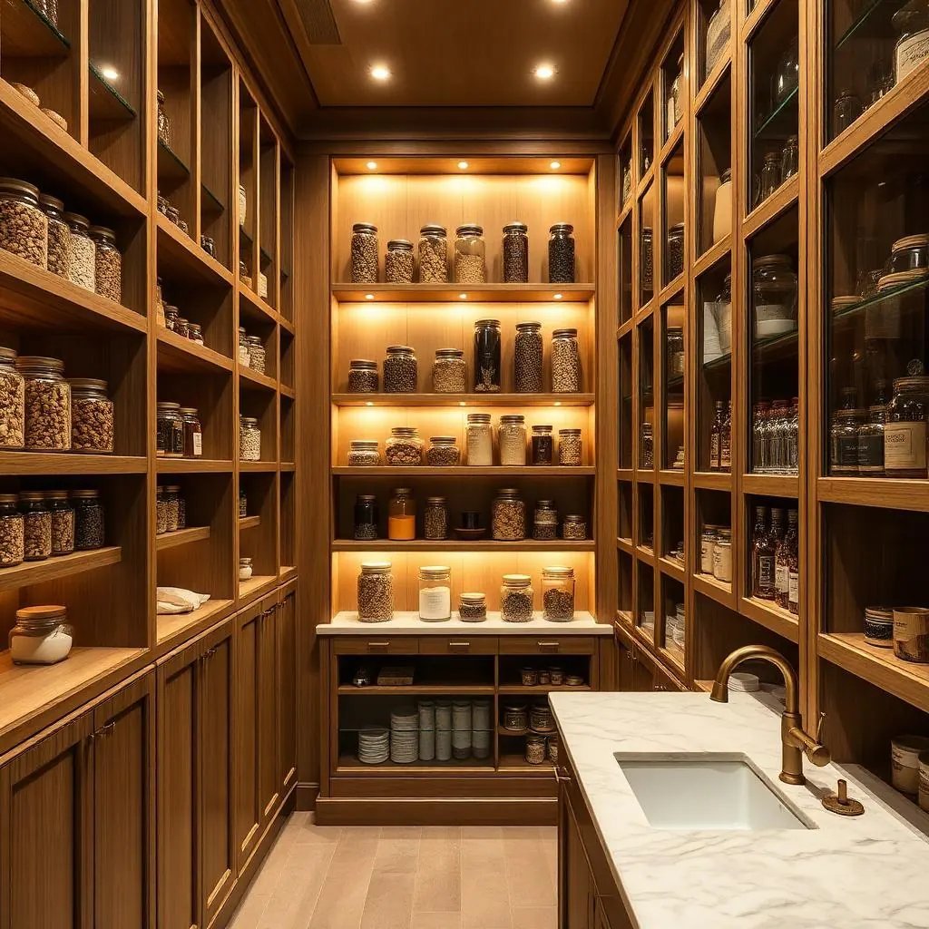 A lit pantry wall with open shelving and a stone counter