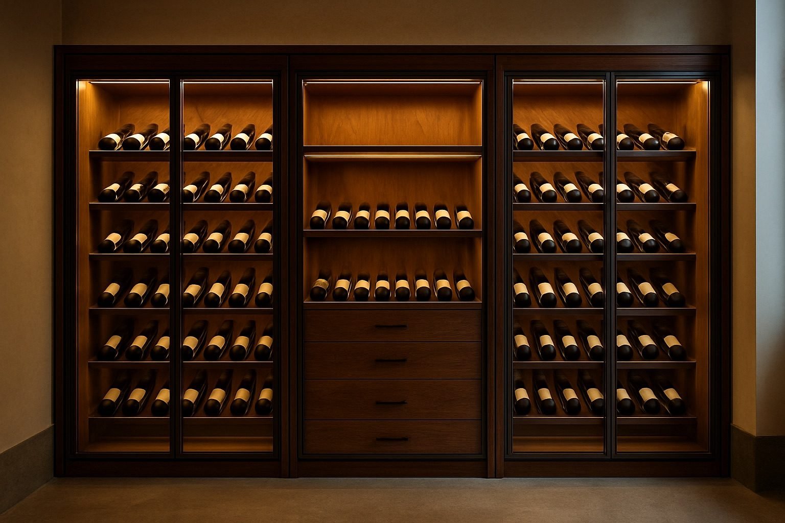 A wine wall in dark wood with lit racks