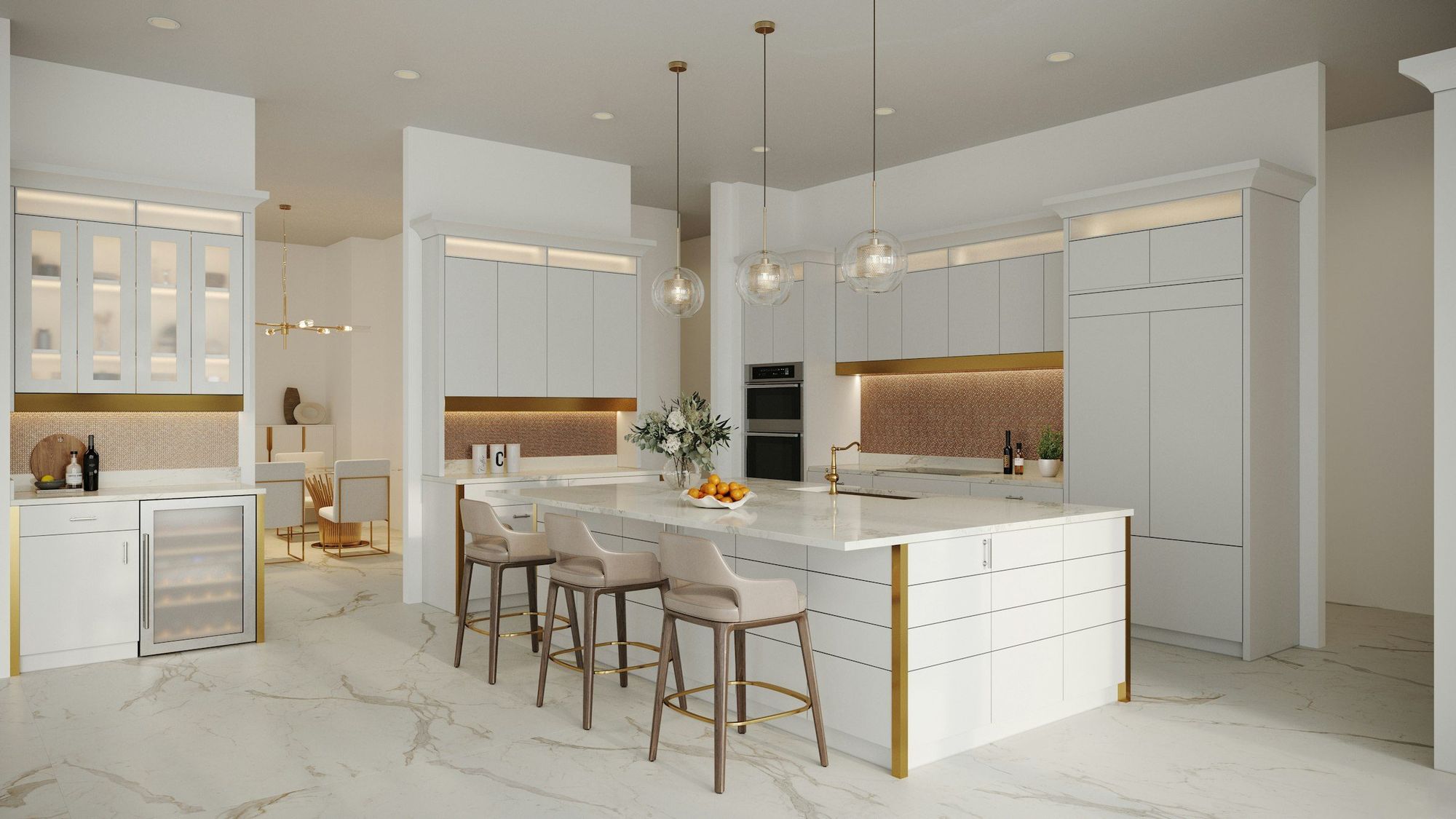 A white marble kitchen with brass-trimmed cabinetry