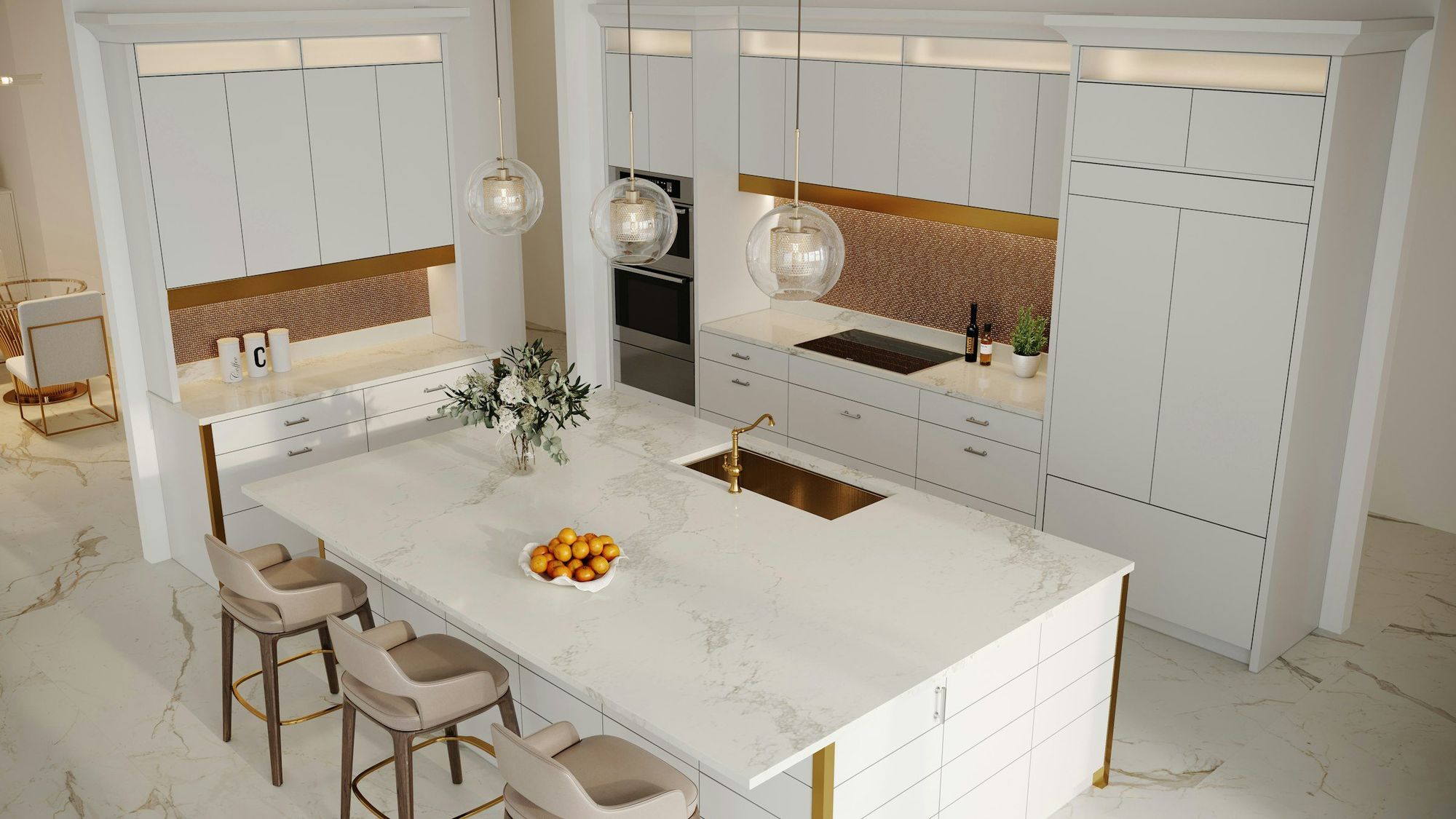 A marble island with brass details and pendant lights
