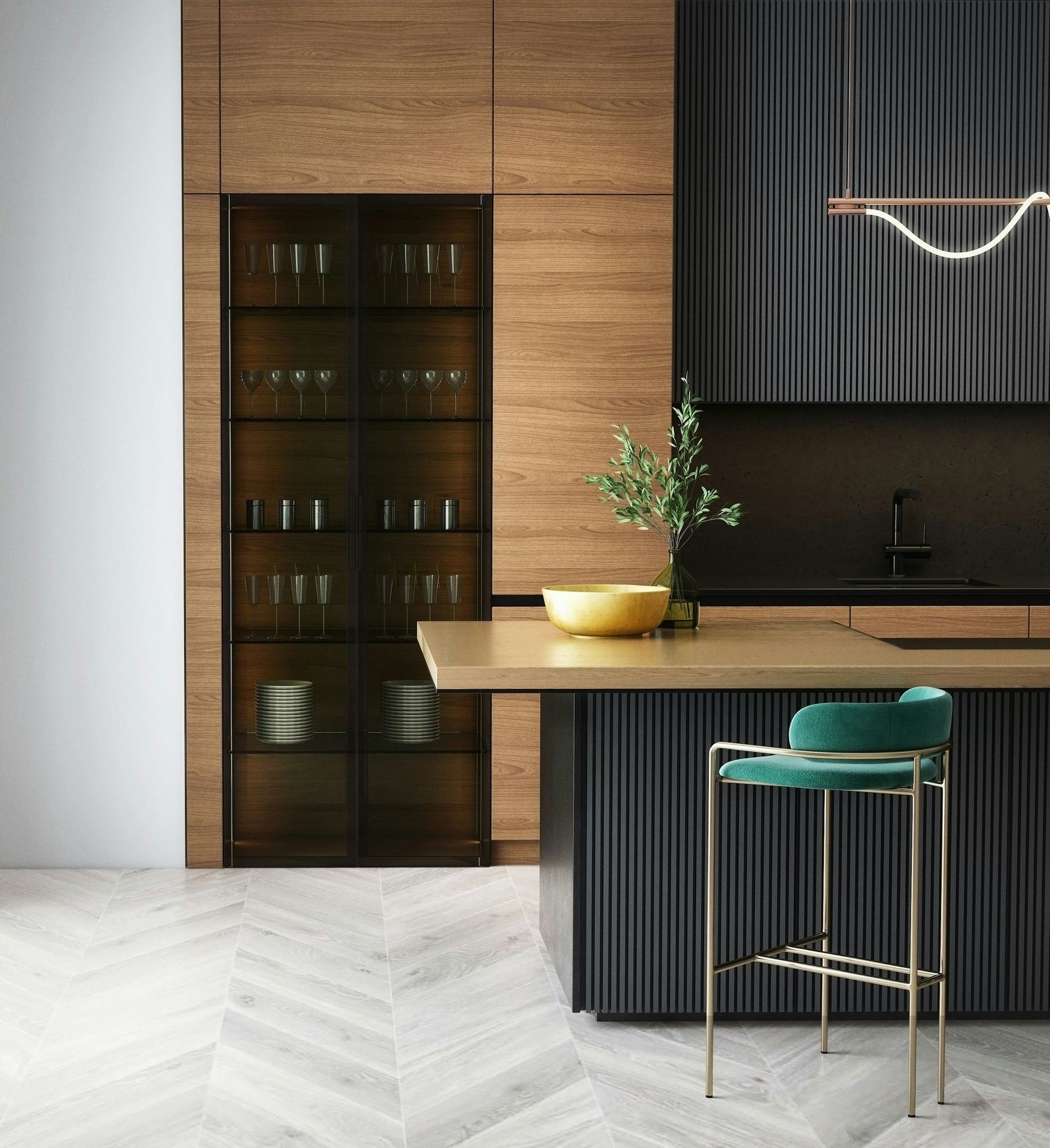 A walnut and black bar wall with glass cabinets